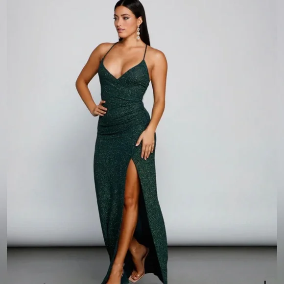 green emerald velvet dress Leann Formal High Slit Glitter Dress main image 1